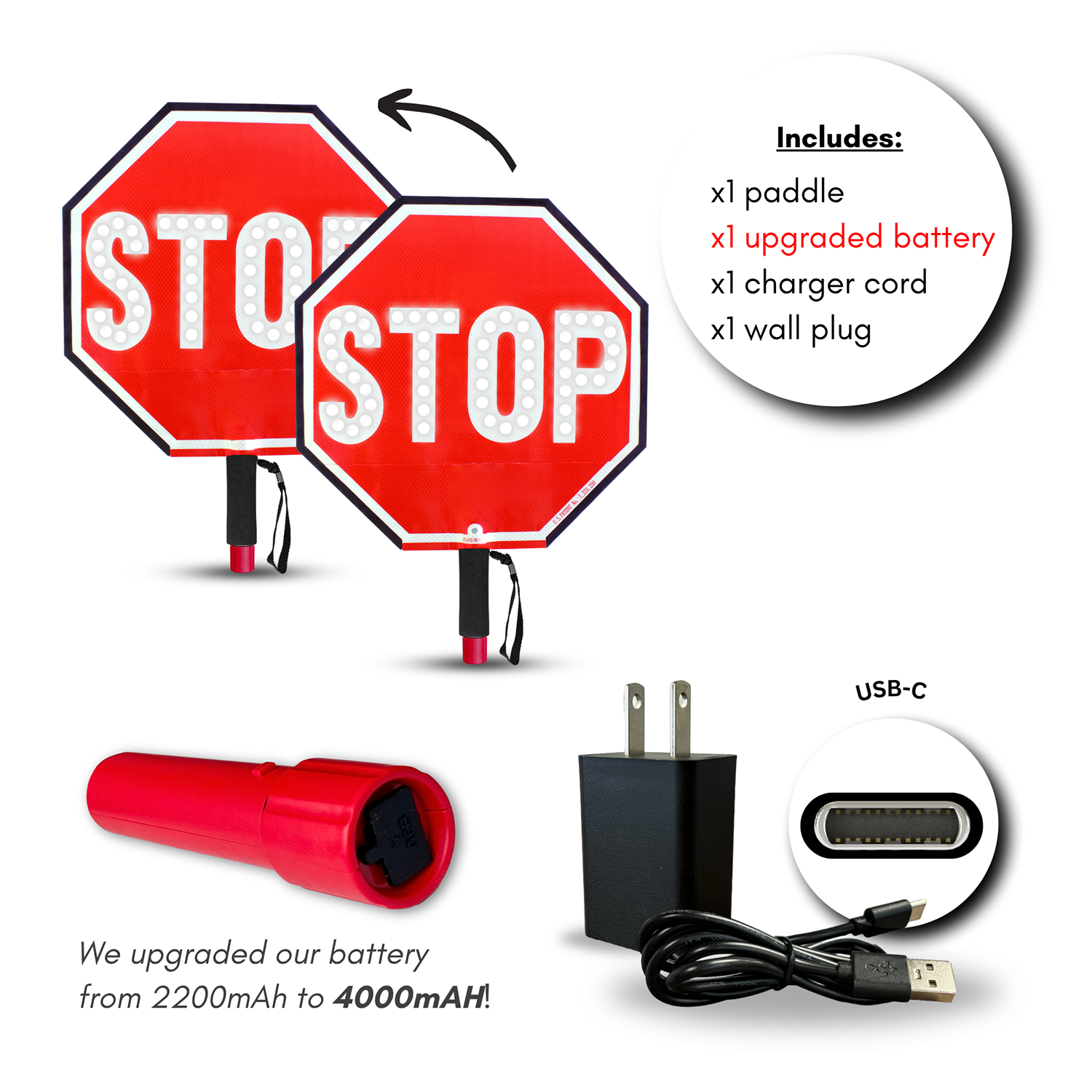 18" LED Flashing STOP-STOP Handheld Paddle Sign