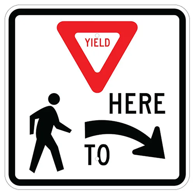 30" x 30" Aluminum YIELD HERE TO PEDESTRIANS Sign - Right Arrow (R1-5R)